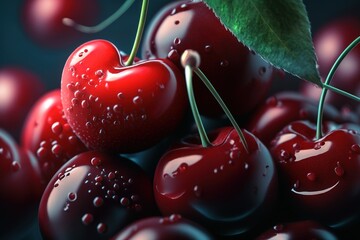 Macro shot of fresh red cherries. Generative AI illustration
