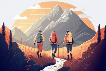 Friends doing trekking in the mountain. Cartoon illustration banner. Generative AI