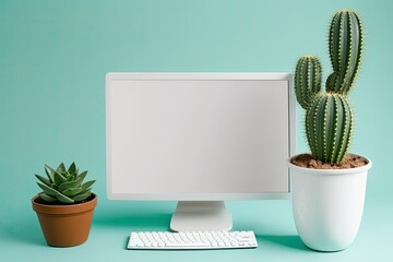 Blank computer screen with a notepad, pencil, and cactus vase. Generative AI