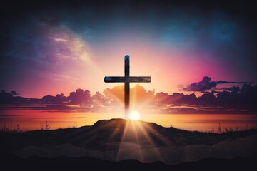 Silhouette cross of Jesus Christ on sunrise background, Generative AI - obrazy, fototapety, plakaty
