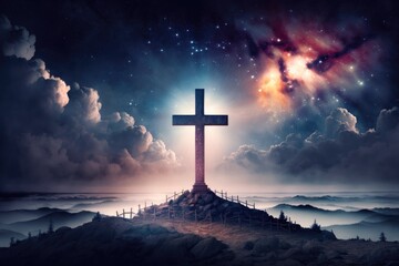 Silhouette cross of Jesus Christ on sunrise background, Generative AI