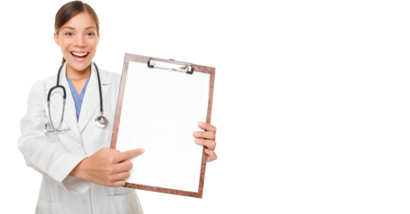 Medical doctor woman showing sign clipboard with copy space for text or design. Female medical professional nurse smiling happy isolated on white background. Young mixed race Asian Caucasian model
