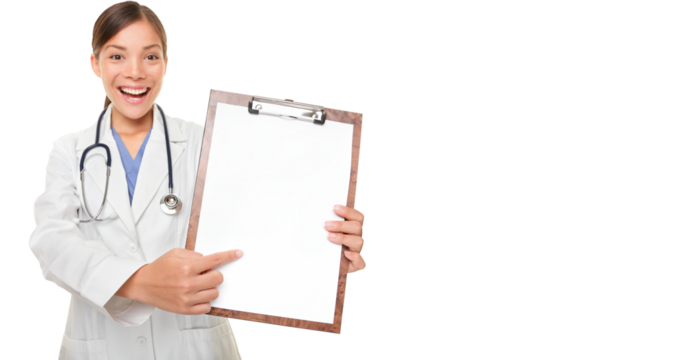 Medical doctor woman showing sign clipboard with copy space for text or design. Female medical professional nurse smiling happy isolated on white background. Young mixed race Asian Caucasian model

