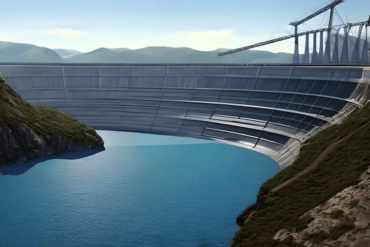 Engineer Inspecting With Hydroelectricity Dam Background. Generative AI