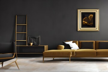 Gold Designer Frame In Dark Modern Interior Mockup With. Generative AI