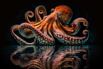 An octopus sitting on top of a body of water. Generative AI - obrazy, fototapety, plakaty