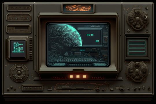 Dark sci-fi led display television futuristic monitor screen device with buttons and card slots in a mechanical frame with iron texture generative ai