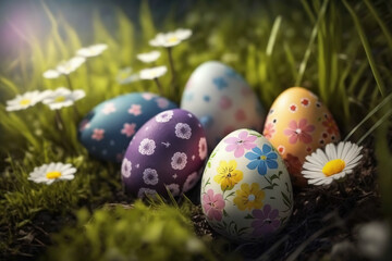 Fototapeta na wymiar Easter wallpaper. Colorful easter eggs in grass. AI
