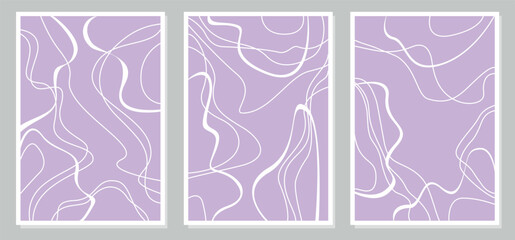 Fototapeta na wymiar Set of stylish templates with abstract shapes and lines on lilac color background. Vector illustration in a minimalist style.