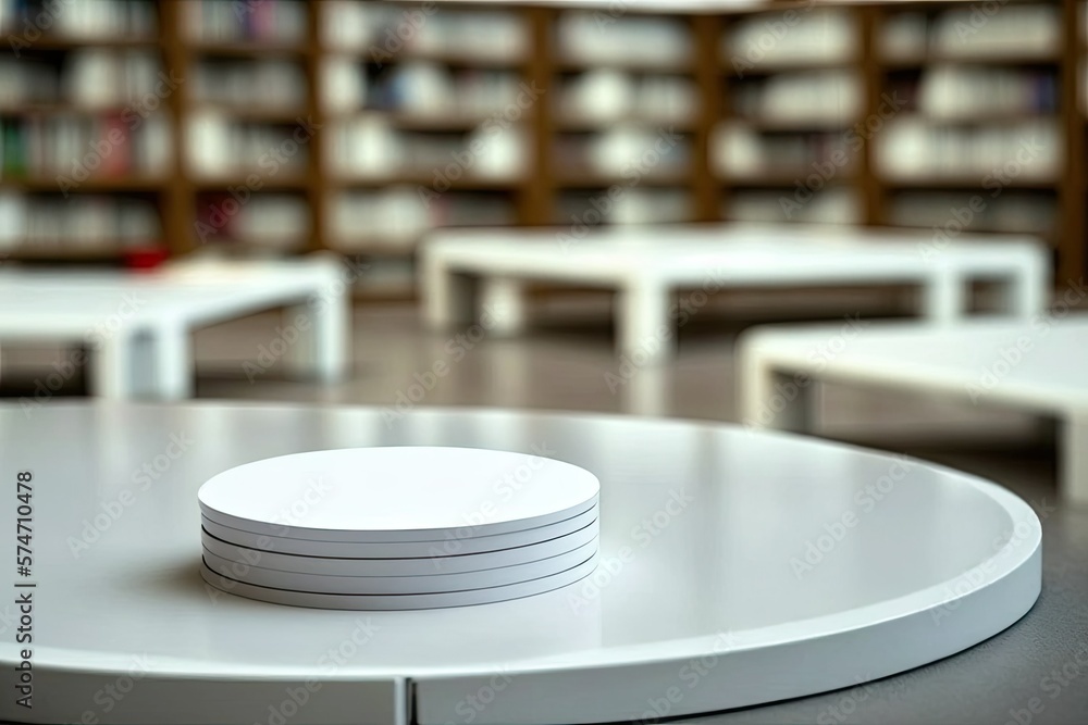 Poster presenting goods on a tabletop devoid of objects, set against a backdrop of a contemporary library. 