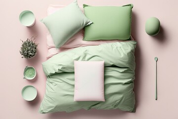 top view of pastel green bed with green pillow cover, sheet, and blanket for mockup with pastel pink background. Generative AI