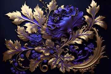 abstract metallic flower pattern in purple and gold colors close up