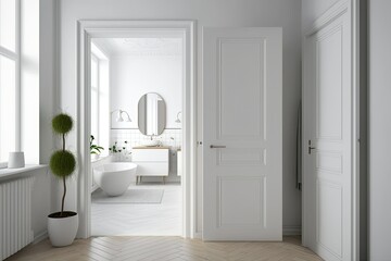 Enter modern bathroom with sink and copy space. Empty rooms have parquet floors and white walls. minimalist interiors. Generative AI