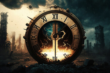 doomsday clock on steampunk apocalypse backgroound - obrazy, fototapety, plakaty