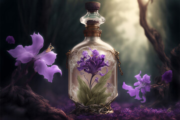 Obraz na płótnie Canvas magic potion in a beautiful decorated vial in magic forest
