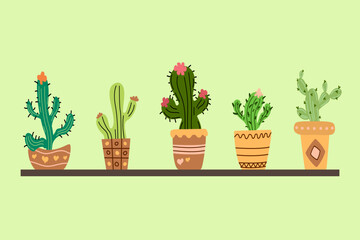 Vector illustration, doodle style, kawaii, hand drawn, set of colored cacti, on a warm light green background. Cacti on a stand. Print for textiles, web design, social networks. ,packing,holiday,woman