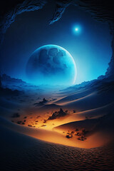 fantasy desert landscape with full moon in night sky