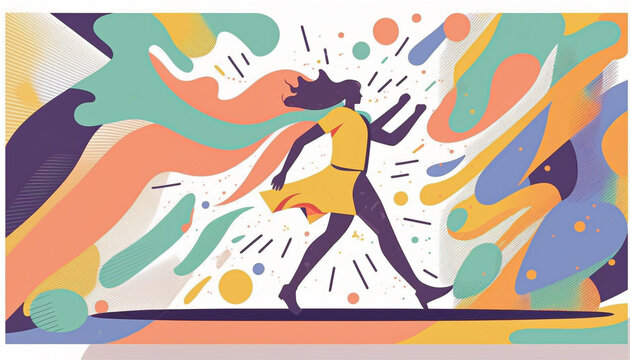 girl dancing, happy concept, abstract background, pastel color, psycho waves concept, flat vector illustration 