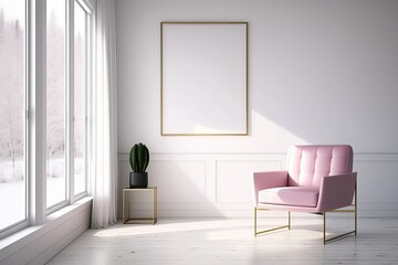 Fototapeta na wymiar minimalist room decor Modern furniture, a pink armchair, and a white light on wood floors and a white wall. Generative AI