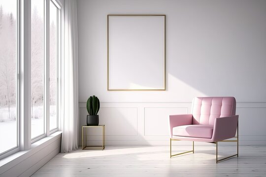 minimalist room decor Modern furniture, a pink armchair, and a white light on wood floors and a white wall. Generative AI