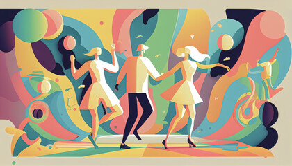 group of people dancing, happy concept, abstract background, pastel color, psycho waves concept, flat vector illustration 