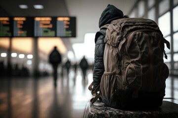 Suspicious man back view with big backpack waiting in the airport. Generative AI