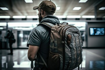 Fototapeta premium Man back view with backpack waiting for his flight in the airport. Generative AI