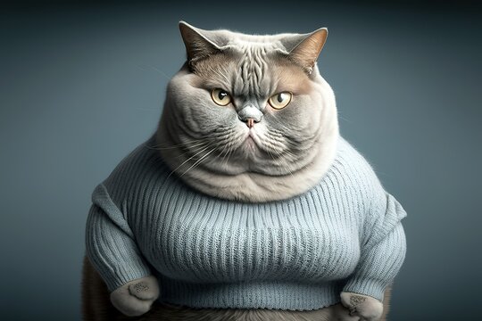 Fat cat realistic cartoon illustration with human-like body angry face. Generative AI illustration