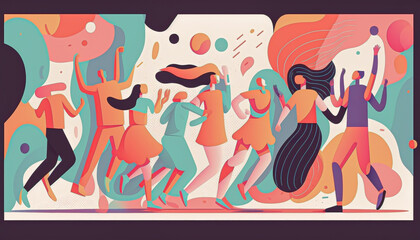 group of people dancing, happy concept, abstract background, pastel color, psycho waves concept, flat vector illustration 