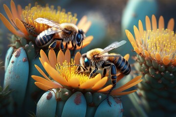 Macro shot of bees searching for flowers to pollinate. Generative AI