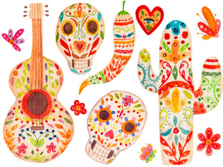 Watercolor set for the Cinco de Mayo, elements decorated by ornament isolated on a white background. Card, greeting, ect