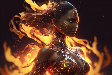 a beautiful siloutette of a female fire elemental made completely of graceful. generative AI
