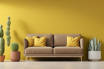Yellow living room with brown sofa and copy space. Generative AI