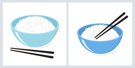 Rice bowls with chopsticks on white backgrounds vector illustration.