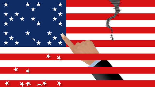 Rebuilding and fixing a divided USA is illustrated in this 3-D image of a hand replacing stars that are falling from the American flag.