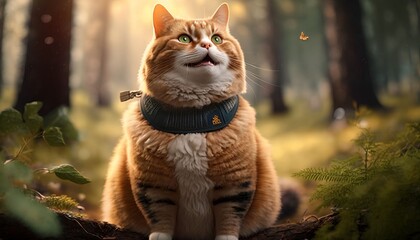 A cat with disability smiling to the camera under pine trees in autumn, Generative AI