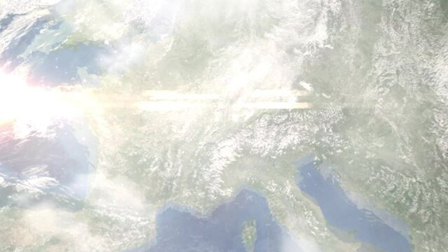 Earth zoom in from outer space to city. Zooming on Solothurn, Switzerland. The animation continues by zoom out through clouds and atmosphere into space. Images from NASA