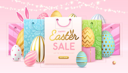 Happy Easter typography big sale poster with colorful easter eggs and shopping bags. Greeting card or poster. Vector illustration