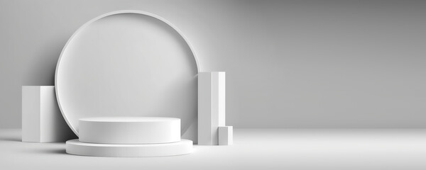 Abstract white 3D room banner with realistic white cylinder pedestal podium set. Minimal scene for product display presentation. Space for Copy. Generative Ai