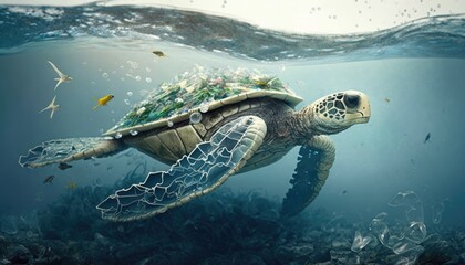 Fototapeta premium Plastic pollution in ocean affecting sea life