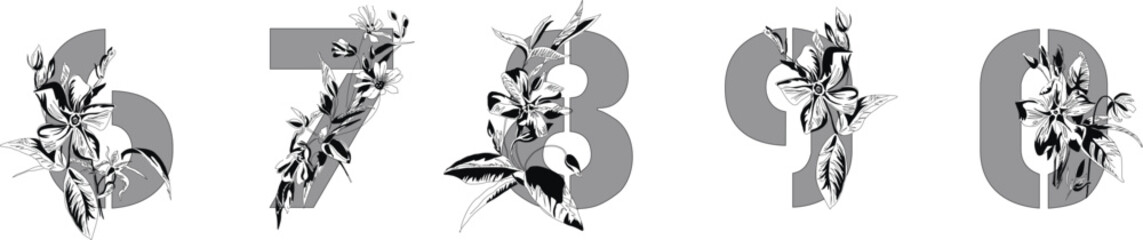 Decorative spring set of numbers with bouquets of primroses. Vintage numbers 6, 7, 8, 9, 0. Flower font. Font art nouveau, modern.