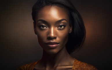 Portrait of a young African American female model in soft warm light with shallow depth of field. Not a real person, illustrative Generative AI