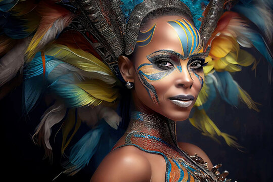 Face shot of a Brazilian samba dancer at the Carnival of Rio de Janeiro, Brazil, with face painting and feather decoration. Generative AI