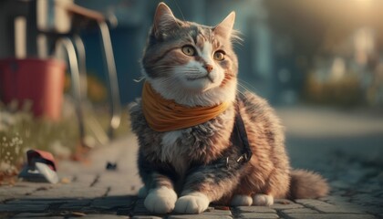 Cat with disability outdoor in front of the house, Generative AI