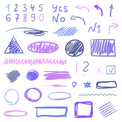 Hand drawn infographic elements on white. Abstract multicolored signs. Line art. Set of different geometric shapes. Colorful illustration. Doodles for artwork