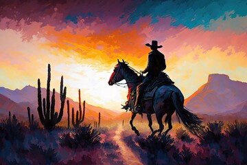 Silhoette of a cowboy in the WIld West, at sunset - obrazy, fototapety, plakaty
