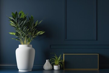 Empty room with modern dark blue wall, metallic vase, dry black plant, and white wooden floor. Generative AI