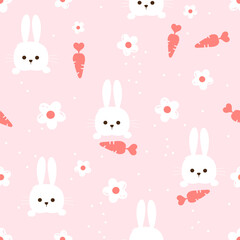 Seamless pattern with bunny rabbit cartoons, daisy flower and carrots on pink background vector illustration. Cute childish print.