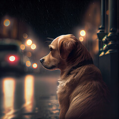 Lonely and lost golden retriever dog sitting on a sidewalk at night on Christmas.