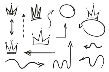 Infographic elements on isolated white background. Hand drawn simple arrows and crowns. Line art. Set of different shapes. Abstract indicators. Black and white illustration. Doodles for artwork